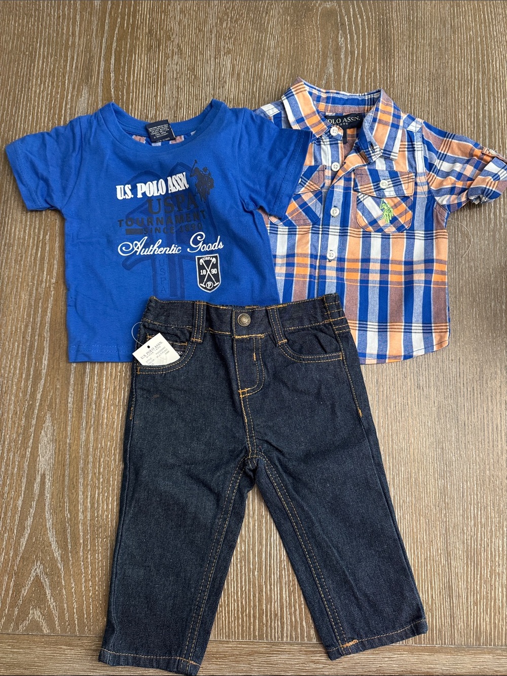 U.S. Polo Assn. Blue Graphic Tee & Blue-Orange Plaid Button Down & jeans  6/9mos